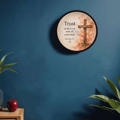 Proverbs 3:5 Christian Wall Clock – Trust in the Lord with All Your Heart | Floral Cross Bible Verse Wall Clock | Inspirational Faith Home Decor