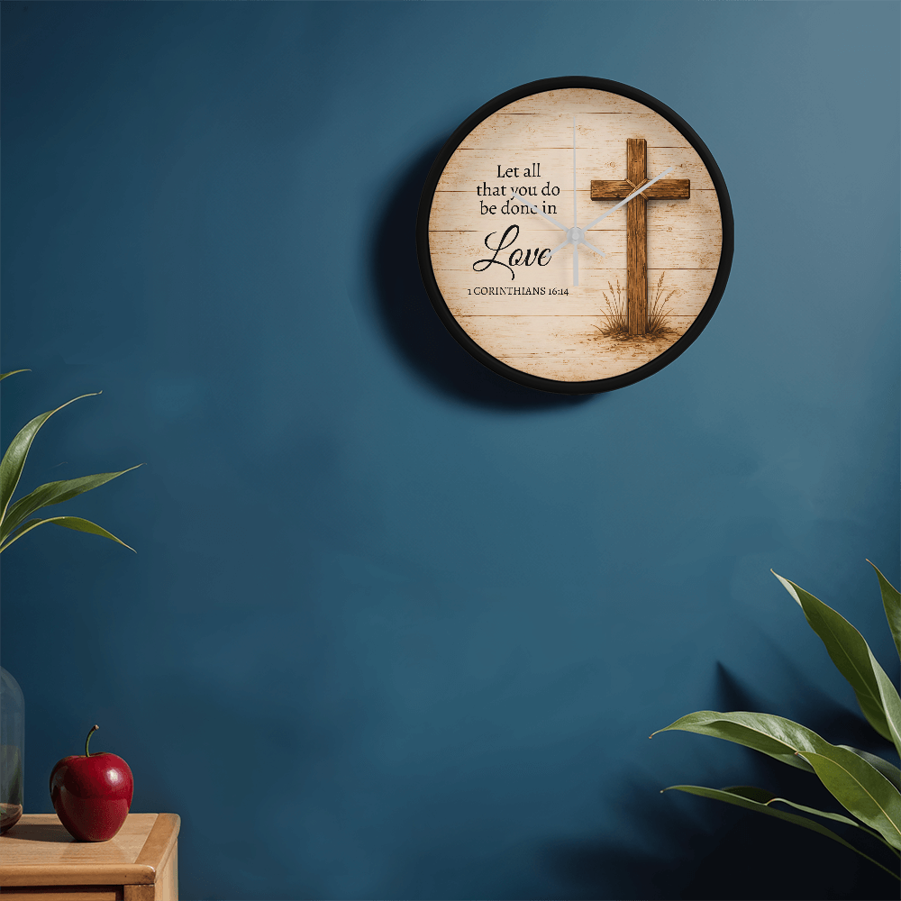 1 Corinthians 16:14 Christian Wall Clock – Let All That You Do Be Done in Love | Rustic Cross Bible Verse Wall Clock | Faith Home Decor