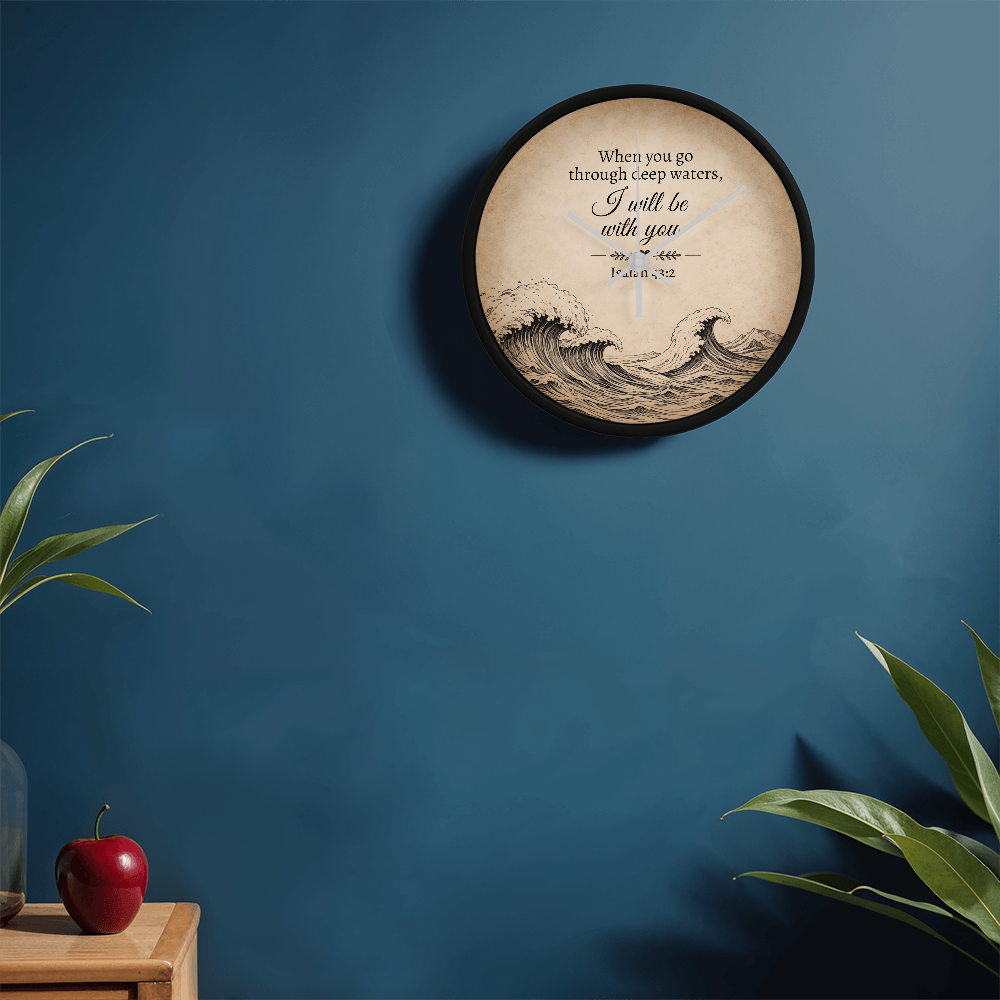 Isaiah 43:2 Christian Wall Clock – When You Go Through Deep Waters I Will Be With You | Inspirational Bible Verse Wall Clock | Faith Home Decor