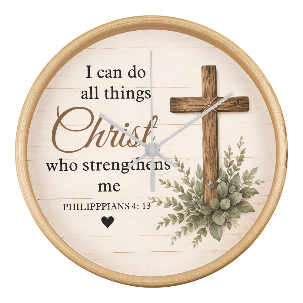 Philippians 4:13 Christian Wall Clock – I Can Do All Things Through Christ Rustic Cross Faith Decor