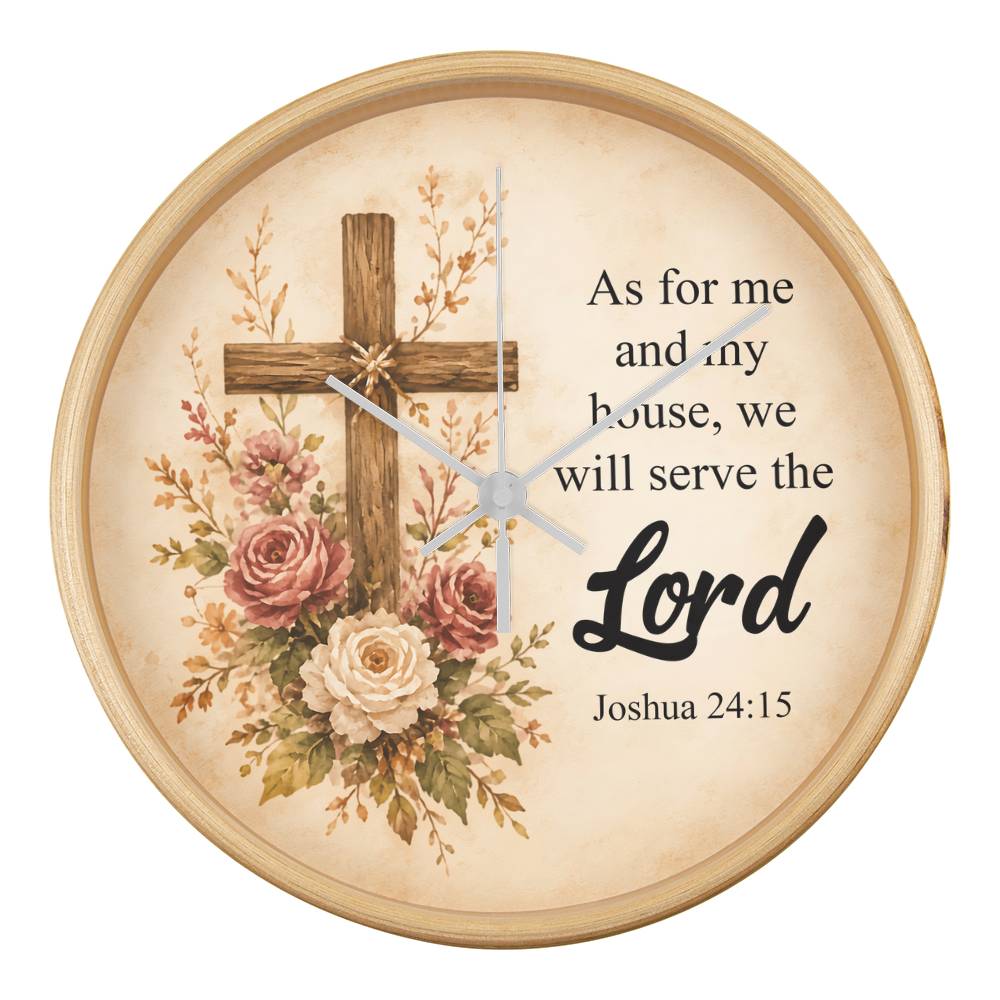 Joshua 24:15 Christian Wall Clock – As for Me and My House We Will Serve the Lord | Rustic Cross Bible Verse Wall Clock | Faith Home Decor