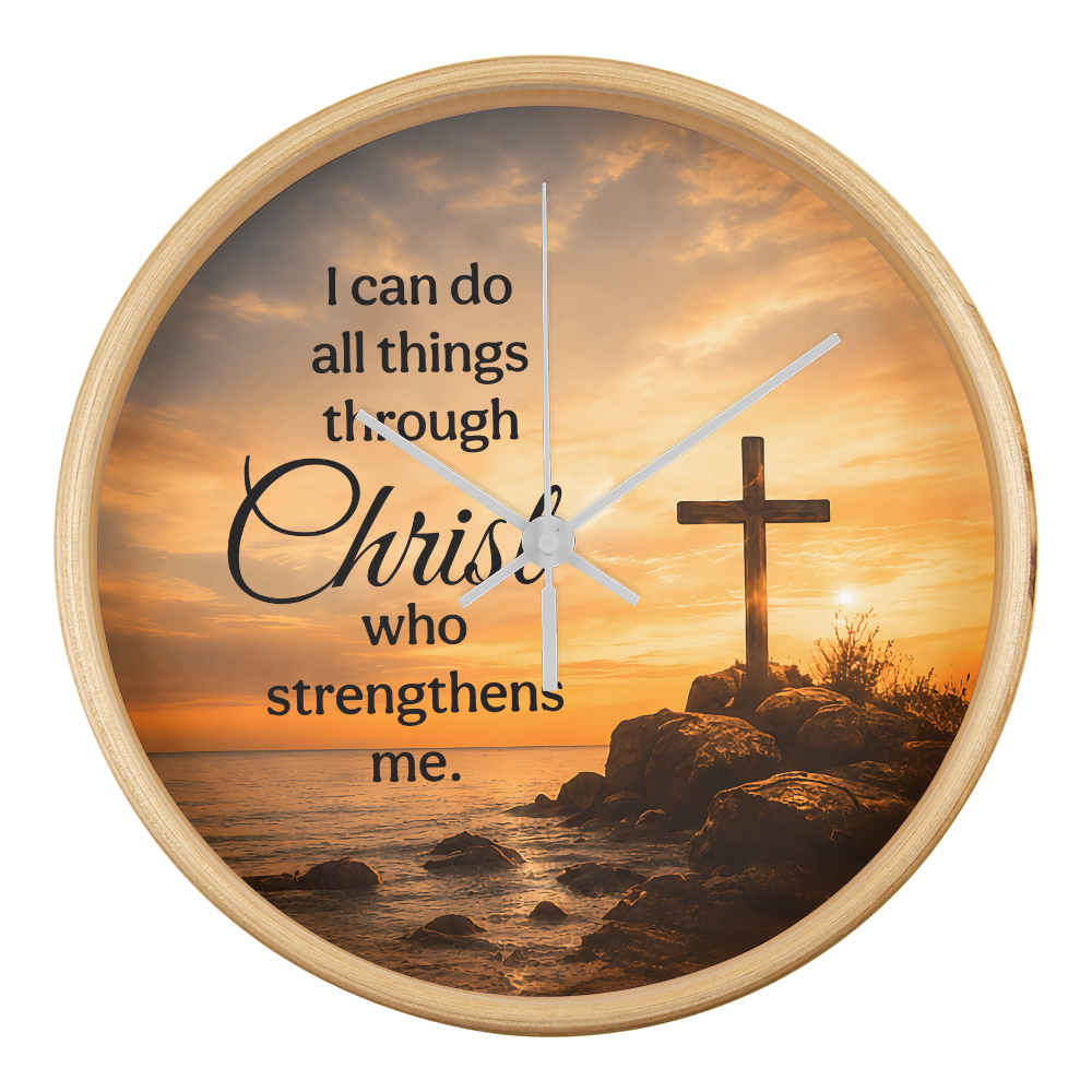 Philippians 4:13 Christian Wall Clock – I Can Do All Things Through Christ | Cross Sunset Bible Verse Wall Clock | Inspirational Faith Home Decor