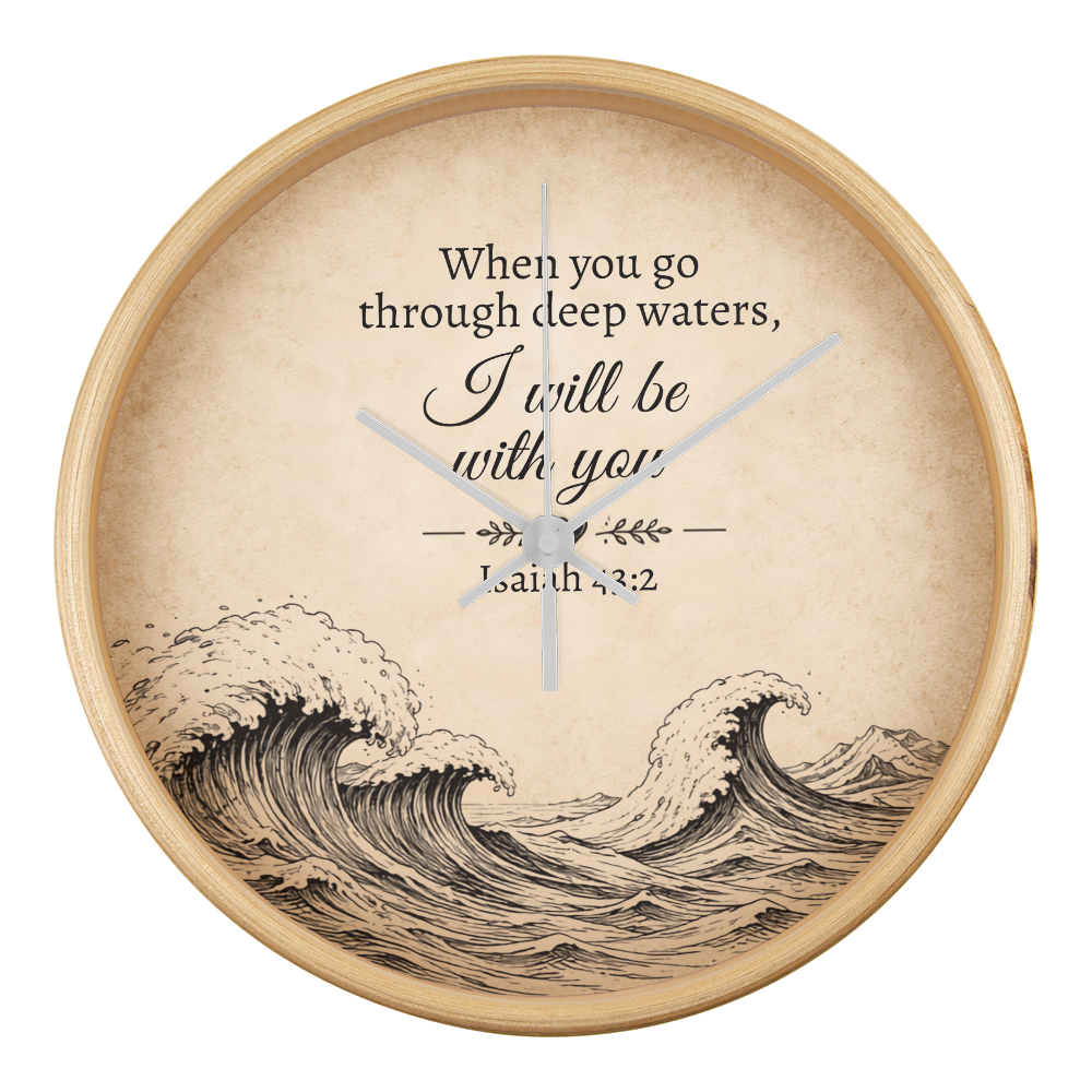 Isaiah 43:2 Christian Wall Clock – When You Go Through Deep Waters I Will Be With You | Inspirational Bible Verse Wall Clock | Faith Home Decor