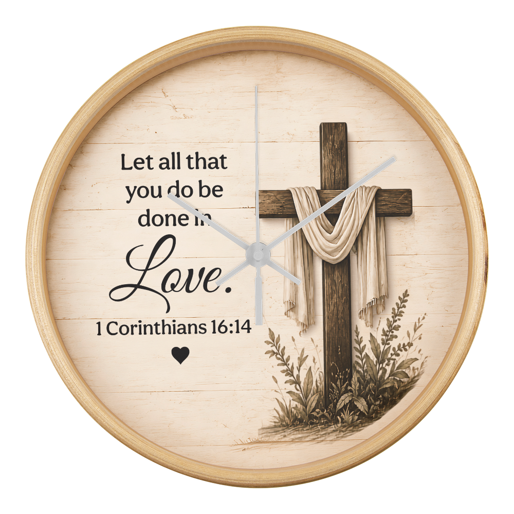 1 Corinthians 16:14 Christian Wall Clock – Let All That You Do Be Done in Love | Cross Bible Verse Wall Clock | Inspirational Faith Home Decor