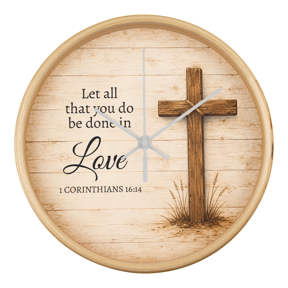 1 Corinthians 16:14 Christian Wall Clock – Let All That You Do Be Done in Love | Rustic Cross Bible Verse Wall Clock | Faith Home Decor