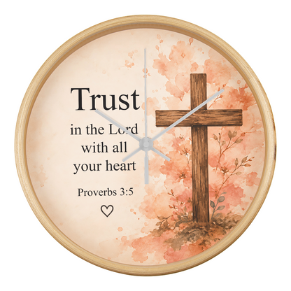 Proverbs 3:5 Christian Wall Clock – Trust in the Lord with All Your Heart | Floral Cross Bible Verse Wall Clock | Inspirational Faith Home Decor