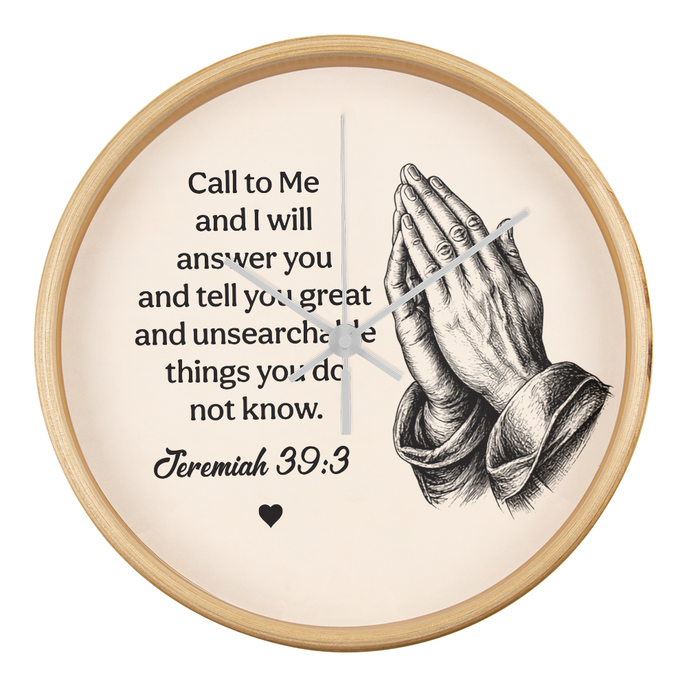 Jeremiah 33:3 Christian Wall Clock – Call to Me and I Will Answer You | Prayer Hands Bible Verse Wall Clock | Inspirational Christian Home Decor