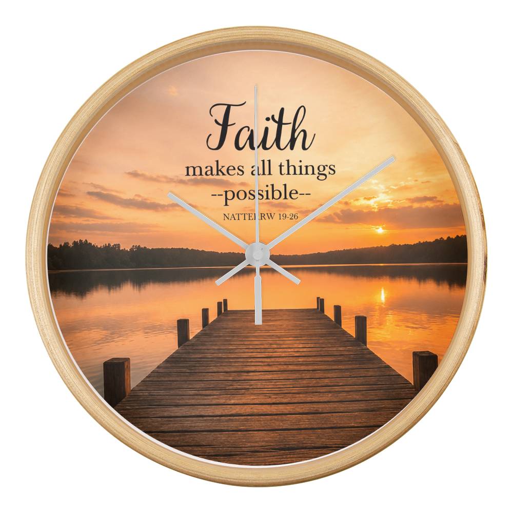 Faith Makes All Things Possible Wall Clock – Matthew 19:26 Christian Wall Clock | Inspirational Lake Sunset Faith Home Decor