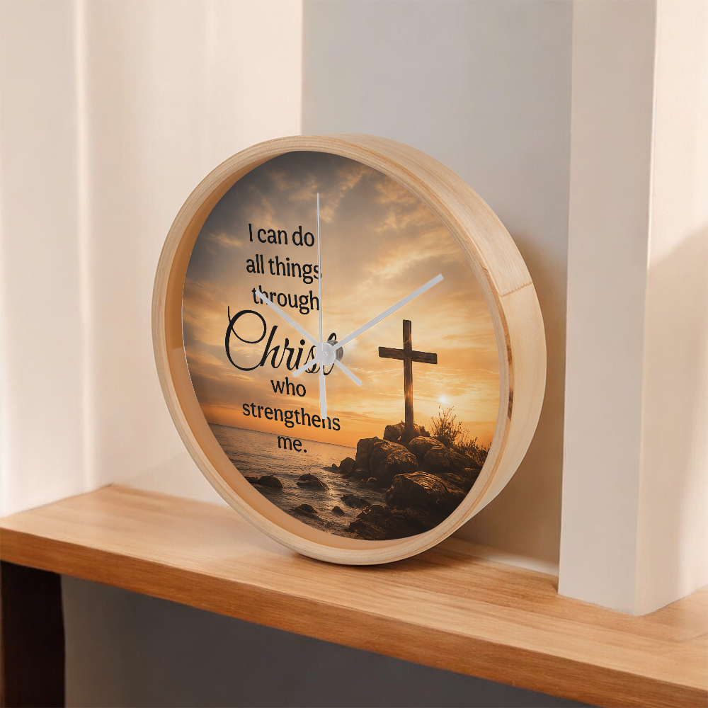 Philippians 4:13 Christian Wall Clock – I Can Do All Things Through Christ | Cross Sunset Bible Verse Wall Clock | Inspirational Faith Home Decor