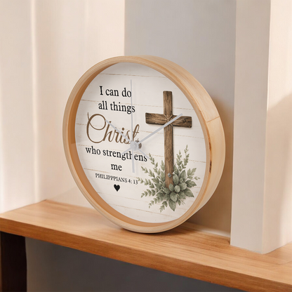 Philippians 4:13 Christian Wall Clock – I Can Do All Things Through Christ Rustic Cross Faith Decor