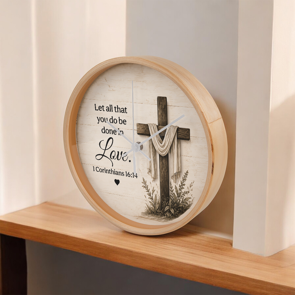1 Corinthians 16:14 Christian Wall Clock – Let All That You Do Be Done in Love | Cross Bible Verse Wall Clock | Inspirational Faith Home Decor