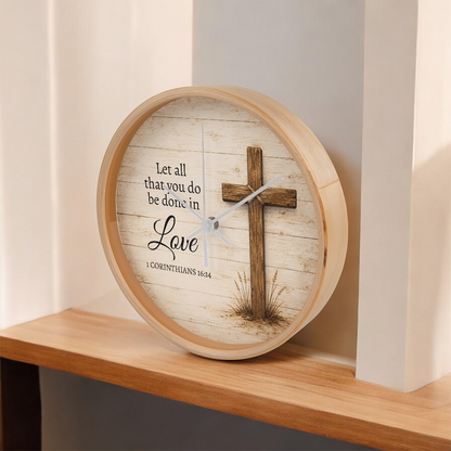 1 Corinthians 16:14 Christian Wall Clock – Let All That You Do Be Done in Love | Rustic Cross Bible Verse Wall Clock | Faith Home Decor