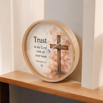 Proverbs 3:5 Christian Wall Clock – Trust in the Lord with All Your Heart | Floral Cross Bible Verse Wall Clock | Inspirational Faith Home Decor