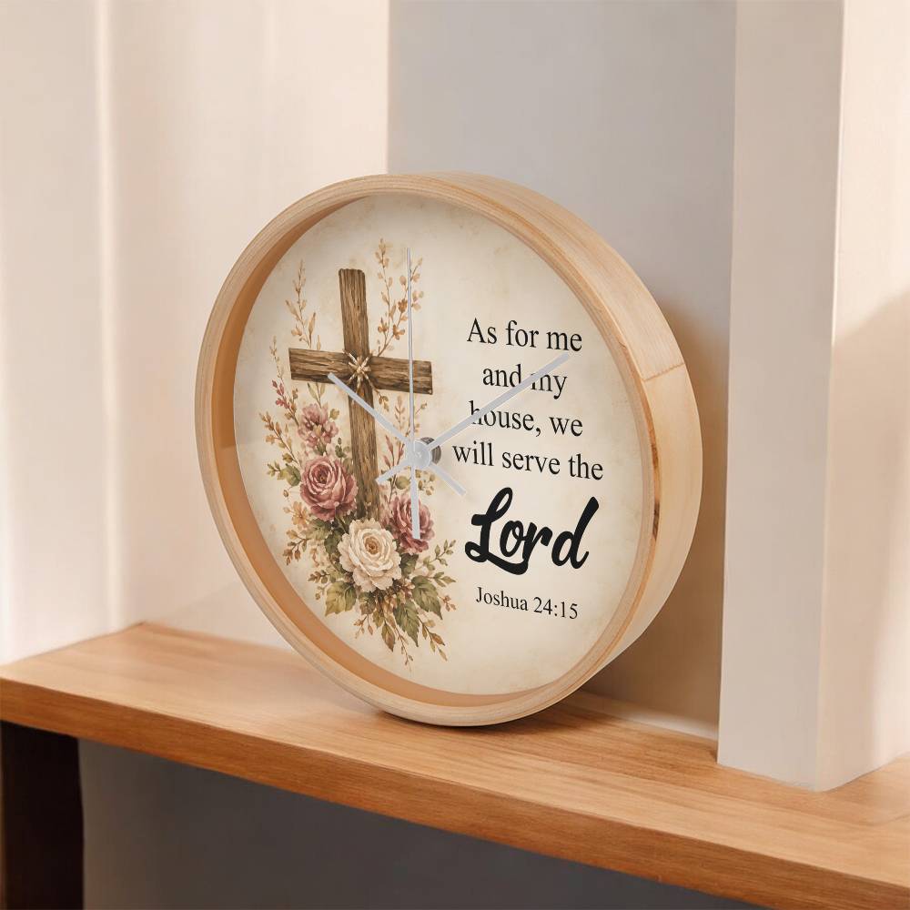 Joshua 24:15 Christian Wall Clock – As for Me and My House We Will Serve the Lord | Rustic Cross Bible Verse Wall Clock | Faith Home Decor