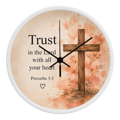 Proverbs 3:5 Christian Wall Clock – Trust in the Lord with All Your Heart | Floral Cross Bible Verse Wall Clock | Inspirational Faith Home Decor