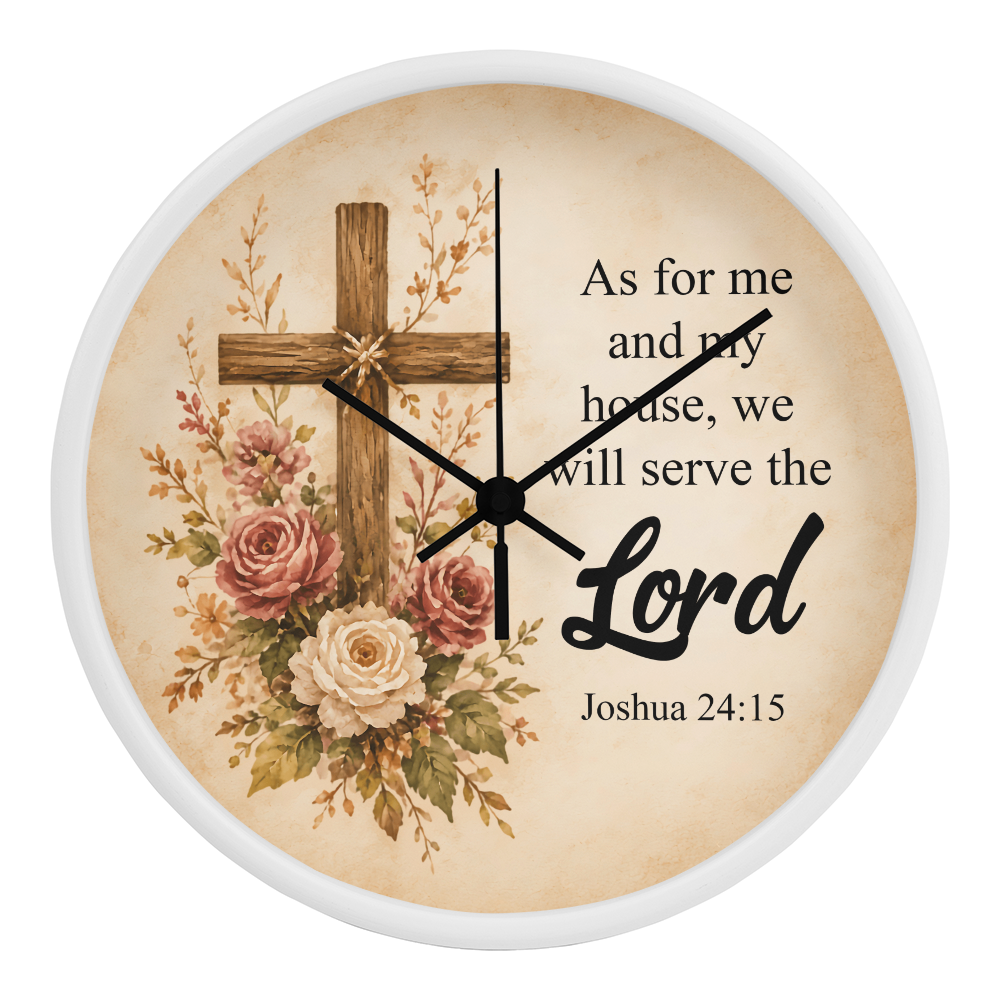 Joshua 24:15 Christian Wall Clock – As for Me and My House We Will Serve the Lord | Rustic Cross Bible Verse Wall Clock | Faith Home Decor