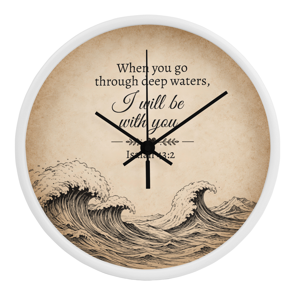 Isaiah 43:2 Christian Wall Clock – When You Go Through Deep Waters I Will Be With You | Inspirational Bible Verse Wall Clock | Faith Home Decor