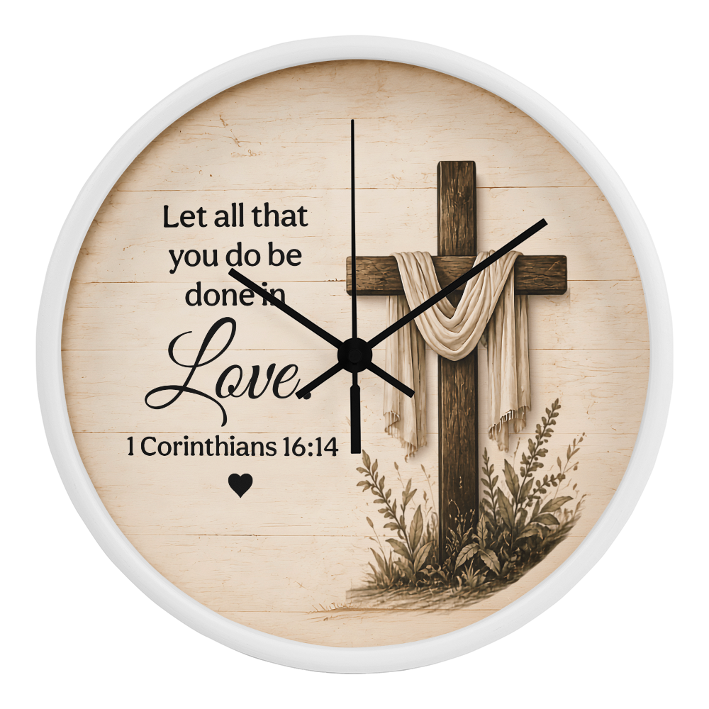 1 Corinthians 16:14 Christian Wall Clock – Let All That You Do Be Done in Love | Cross Bible Verse Wall Clock | Inspirational Faith Home Decor