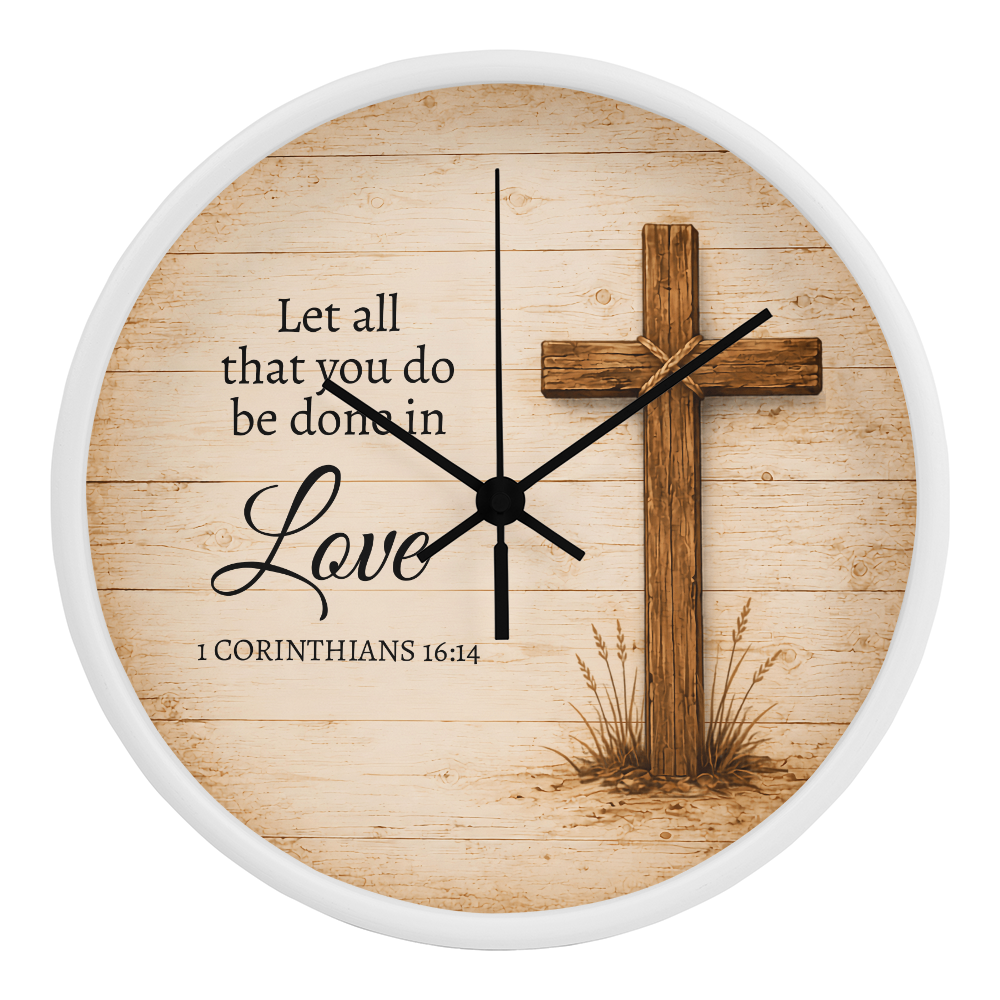 1 Corinthians 16:14 Christian Wall Clock – Let All That You Do Be Done in Love | Rustic Cross Bible Verse Wall Clock | Faith Home Decor