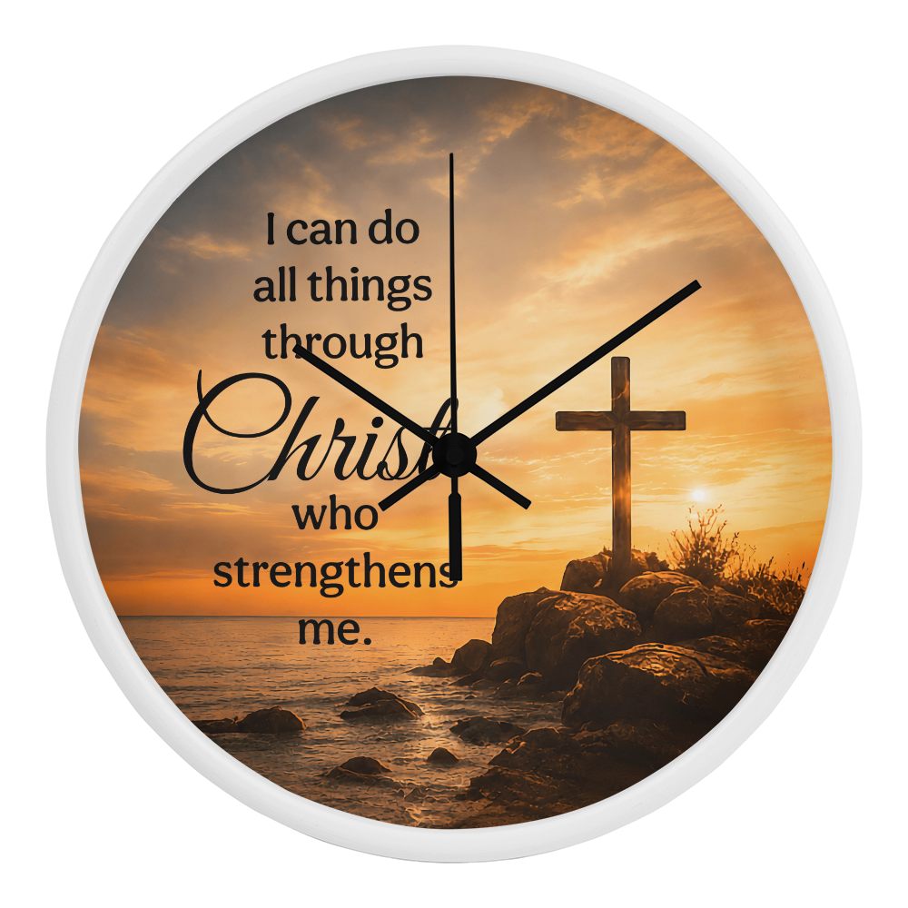 Philippians 4:13 Christian Wall Clock – I Can Do All Things Through Christ | Cross Sunset Bible Verse Wall Clock | Inspirational Faith Home Decor