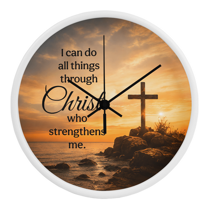 Philippians 4:13 Christian Wall Clock – I Can Do All Things Through Christ | Cross Sunset Bible Verse Wall Clock | Inspirational Faith Home Decor