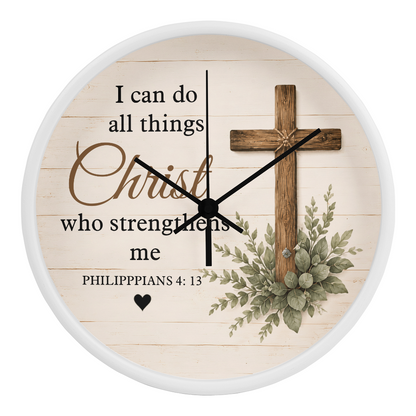 Philippians 4:13 Christian Wall Clock – I Can Do All Things Through Christ Rustic Cross Faith Decor