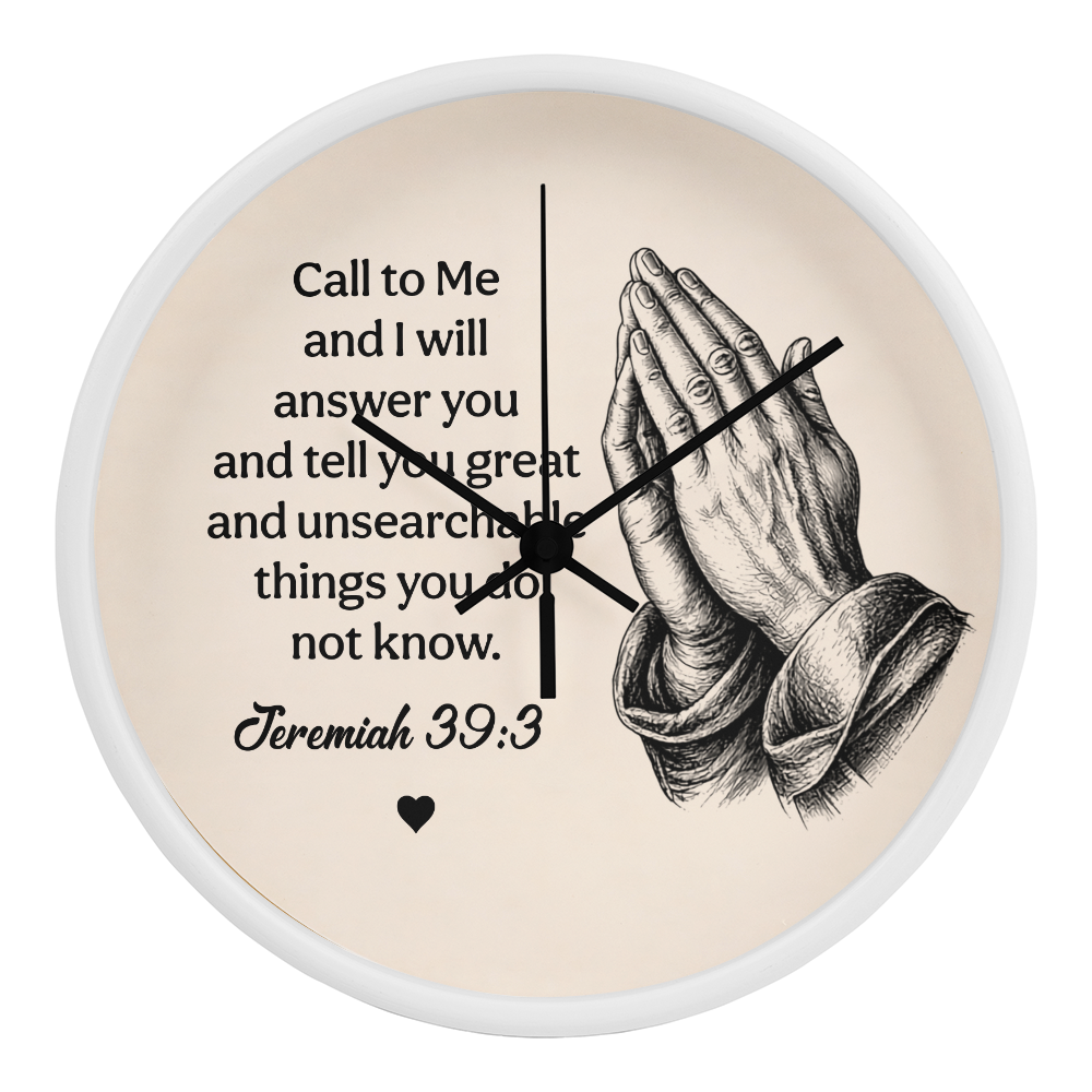 Jeremiah 33:3 Christian Wall Clock – Call to Me and I Will Answer You | Prayer Hands Bible Verse Wall Clock | Inspirational Christian Home Decor