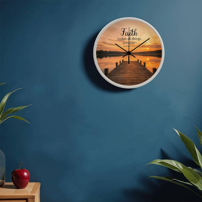 Faith Makes All Things Possible Wall Clock – Matthew 19:26 Christian Wall Clock | Inspirational Lake Sunset Faith Home Decor