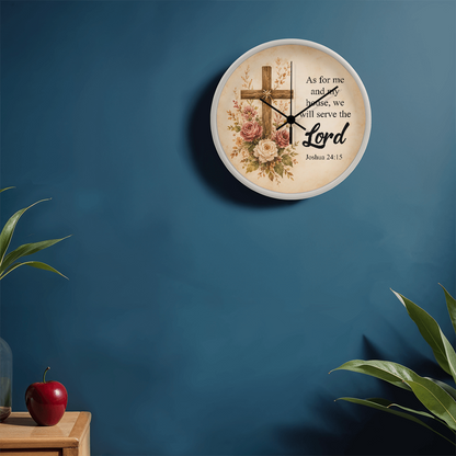 Joshua 24:15 Christian Wall Clock – As for Me and My House We Will Serve the Lord | Rustic Cross Bible Verse Wall Clock | Faith Home Decor