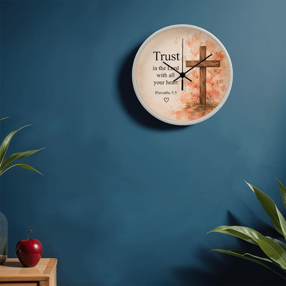 Proverbs 3:5 Christian Wall Clock – Trust in the Lord with All Your Heart | Floral Cross Bible Verse Wall Clock | Inspirational Faith Home Decor