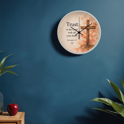 Proverbs 3:5 Christian Wall Clock – Trust in the Lord with All Your Heart | Floral Cross Bible Verse Wall Clock | Inspirational Faith Home Decor