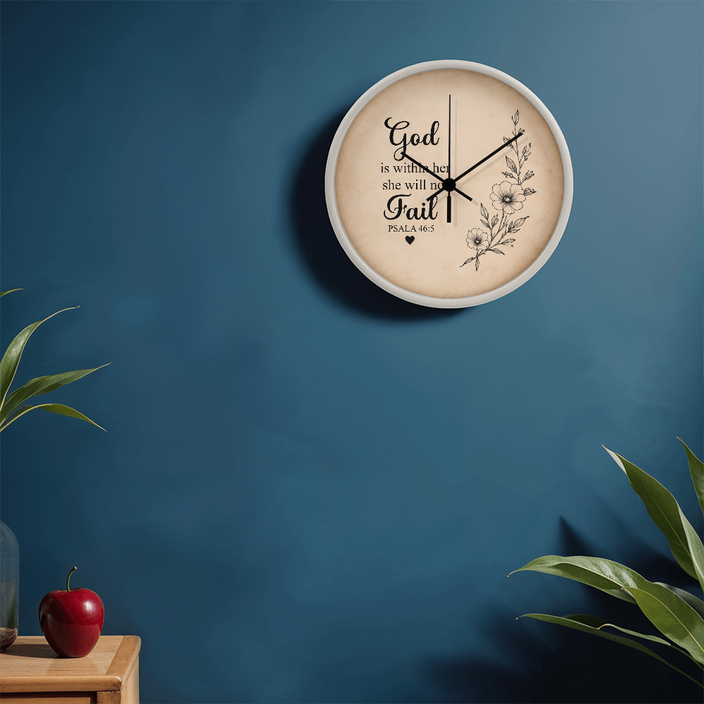 Psalm 46:5 Christian Wall Clock – God Is Within Her She Will Not Fail | Inspirational Bible Verse Wall Clock | Christian Home Decor for Women
