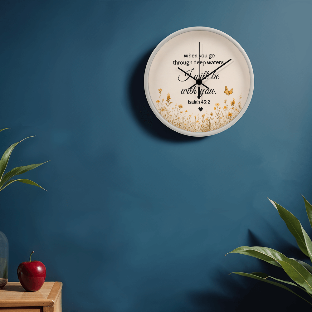 Isaiah 43:2 Christian Wall Clock – When You Go Through Deep Waters I Will Be With You | Inspirational Bible Verse Wall Clock | Faith Home Decor