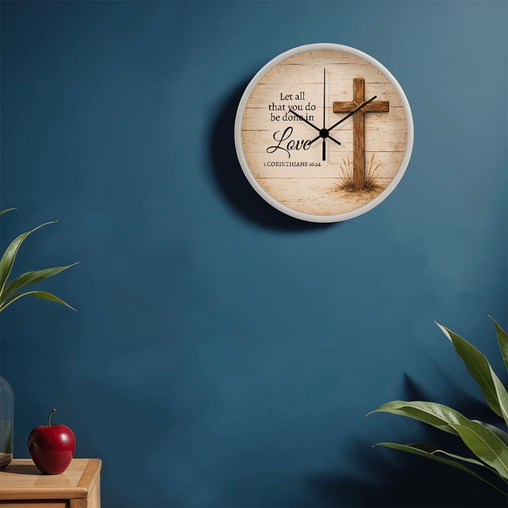 1 Corinthians 16:14 Christian Wall Clock – Let All That You Do Be Done in Love | Rustic Cross Bible Verse Wall Clock | Faith Home Decor