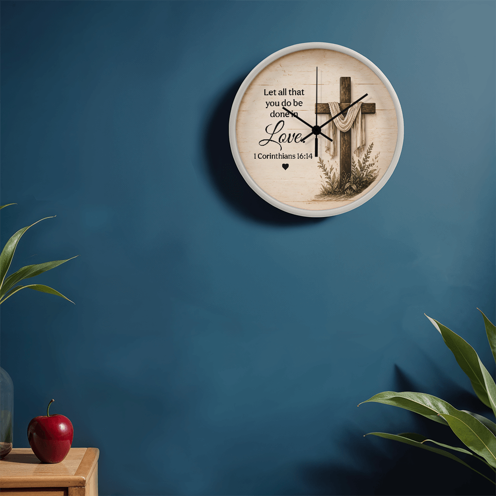 1 Corinthians 16:14 Christian Wall Clock – Let All That You Do Be Done in Love | Cross Bible Verse Wall Clock | Inspirational Faith Home Decor