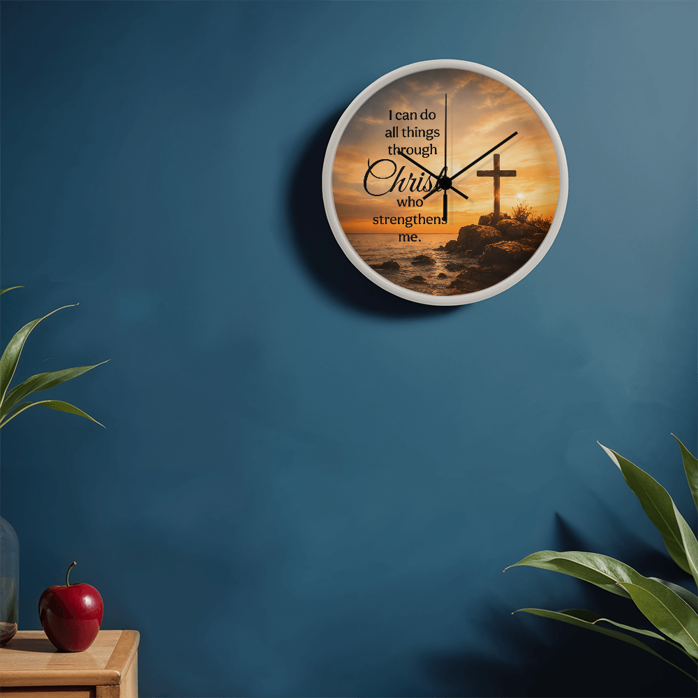 Philippians 4:13 Christian Wall Clock – I Can Do All Things Through Christ | Cross Sunset Bible Verse Wall Clock | Inspirational Faith Home Decor