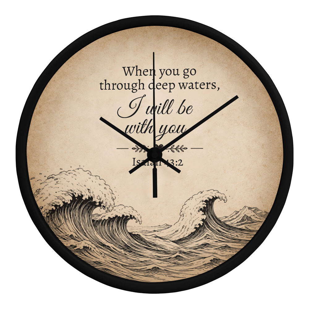 Isaiah 43:2 Christian Wall Clock – When You Go Through Deep Waters I Will Be With You | Inspirational Bible Verse Wall Clock | Faith Home Decor