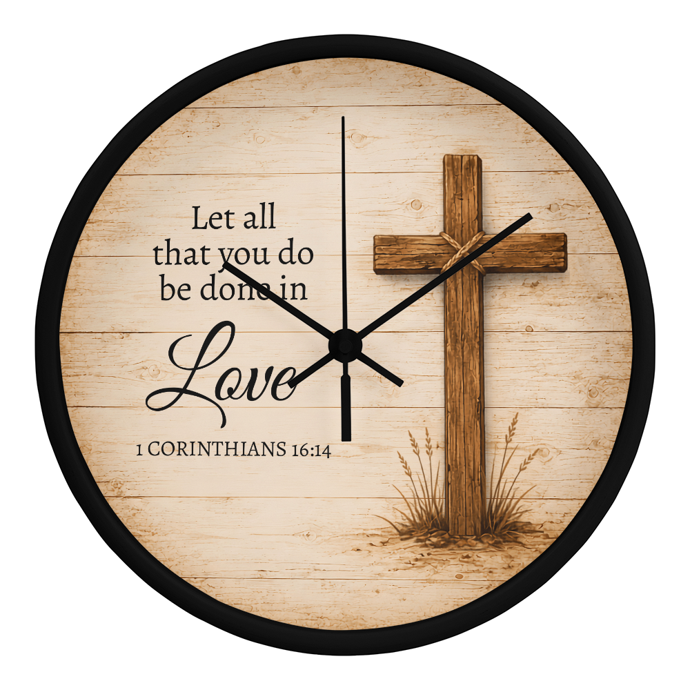 1 Corinthians 16:14 Christian Wall Clock – Let All That You Do Be Done in Love | Rustic Cross Bible Verse Wall Clock | Faith Home Decor