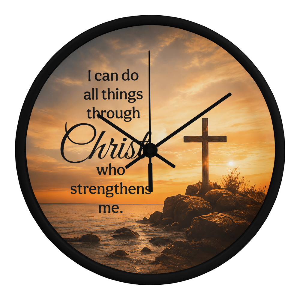 Philippians 4:13 Christian Wall Clock – I Can Do All Things Through Christ | Cross Sunset Bible Verse Wall Clock | Inspirational Faith Home Decor
