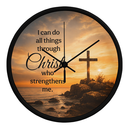 Philippians 4:13 Christian Wall Clock – I Can Do All Things Through Christ | Cross Sunset Bible Verse Wall Clock | Inspirational Faith Home Decor