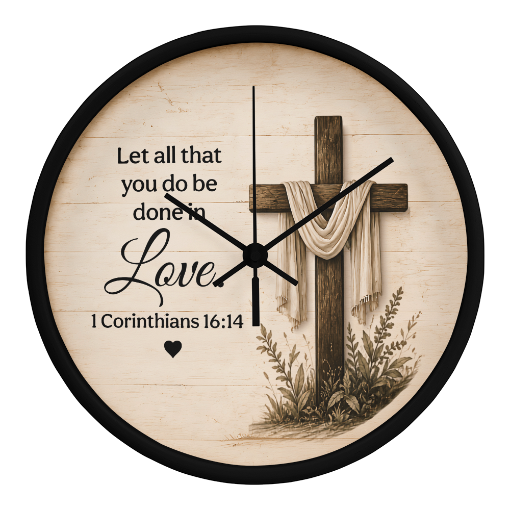 1 Corinthians 16:14 Christian Wall Clock – Let All That You Do Be Done in Love | Cross Bible Verse Wall Clock | Inspirational Faith Home Decor