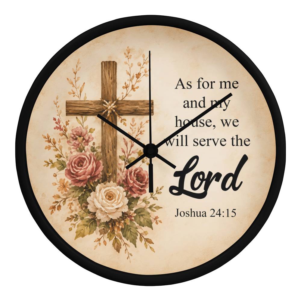 Joshua 24:15 Christian Wall Clock – As for Me and My House We Will Serve the Lord | Rustic Cross Bible Verse Wall Clock | Faith Home Decor