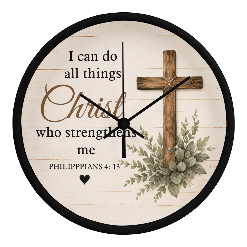 Philippians 4:13 Christian Wall Clock – I Can Do All Things Through Christ Rustic Cross Faith Decor
