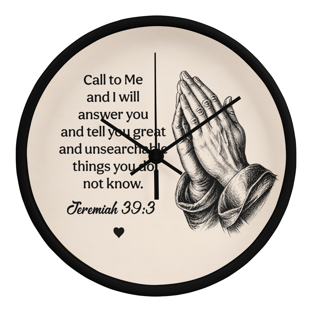 Jeremiah 33:3 Christian Wall Clock – Call to Me and I Will Answer You | Prayer Hands Bible Verse Wall Clock | Inspirational Christian Home Decor