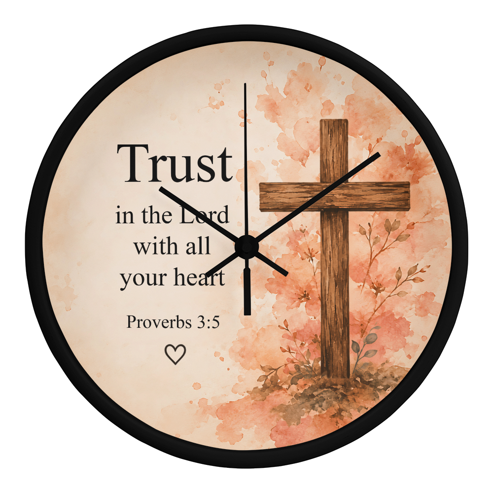 Proverbs 3:5 Christian Wall Clock – Trust in the Lord with All Your Heart | Floral Cross Bible Verse Wall Clock | Inspirational Faith Home Decor