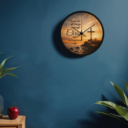 Philippians 4:13 Christian Wall Clock – I Can Do All Things Through Christ | Cross Sunset Bible Verse Wall Clock | Inspirational Faith Home Decor