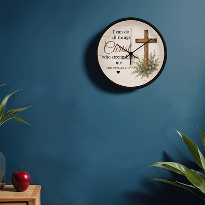 Philippians 4:13 Christian Wall Clock – I Can Do All Things Through Christ Rustic Cross Faith Decor