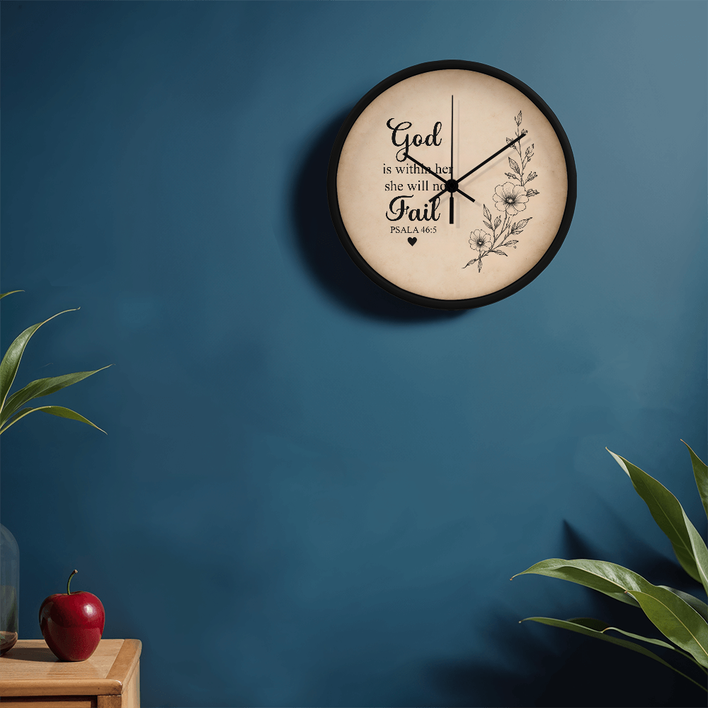 Psalm 46:5 Christian Wall Clock – God Is Within Her She Will Not Fail | Inspirational Bible Verse Wall Clock | Christian Home Decor for Women