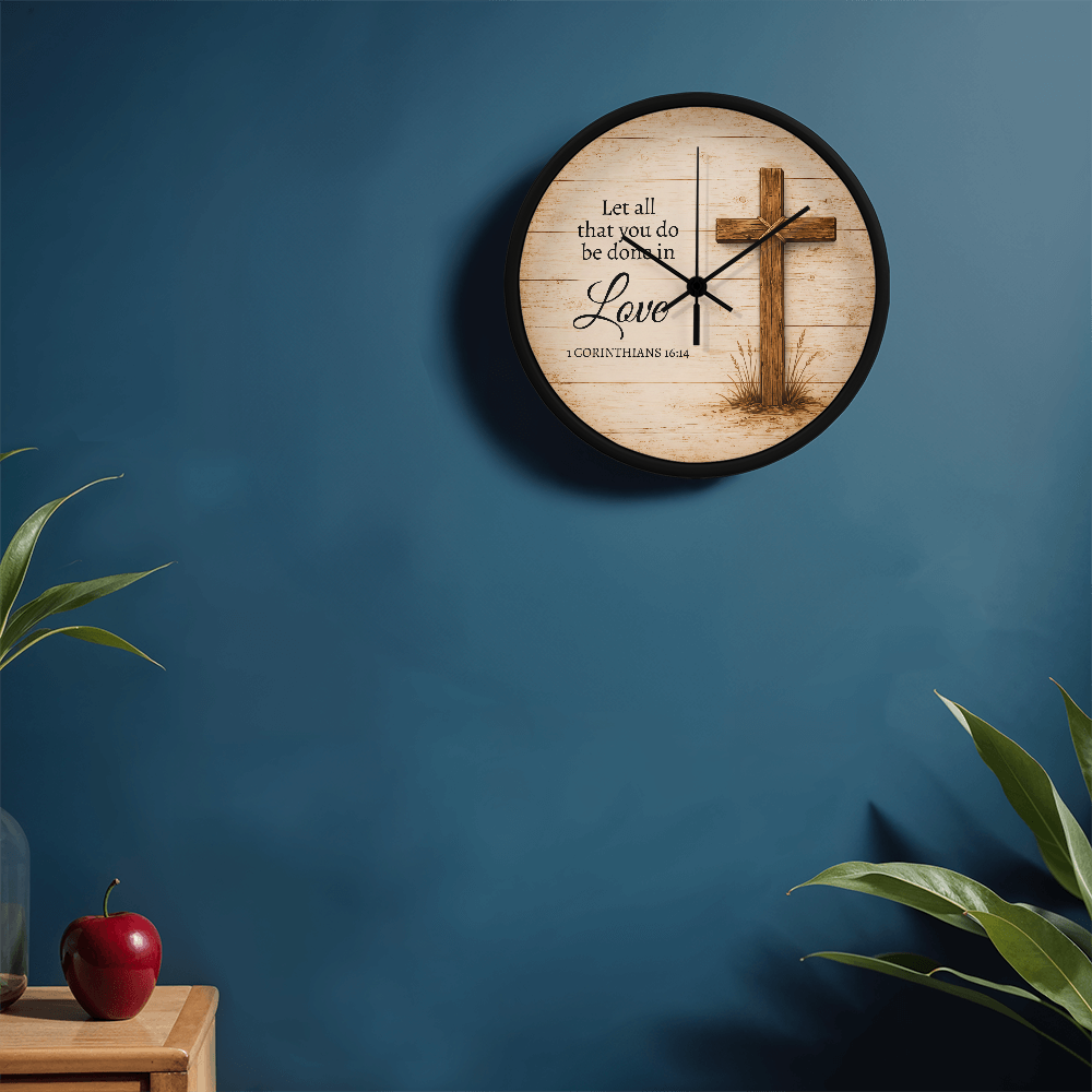 1 Corinthians 16:14 Christian Wall Clock – Let All That You Do Be Done in Love | Rustic Cross Bible Verse Wall Clock | Faith Home Decor