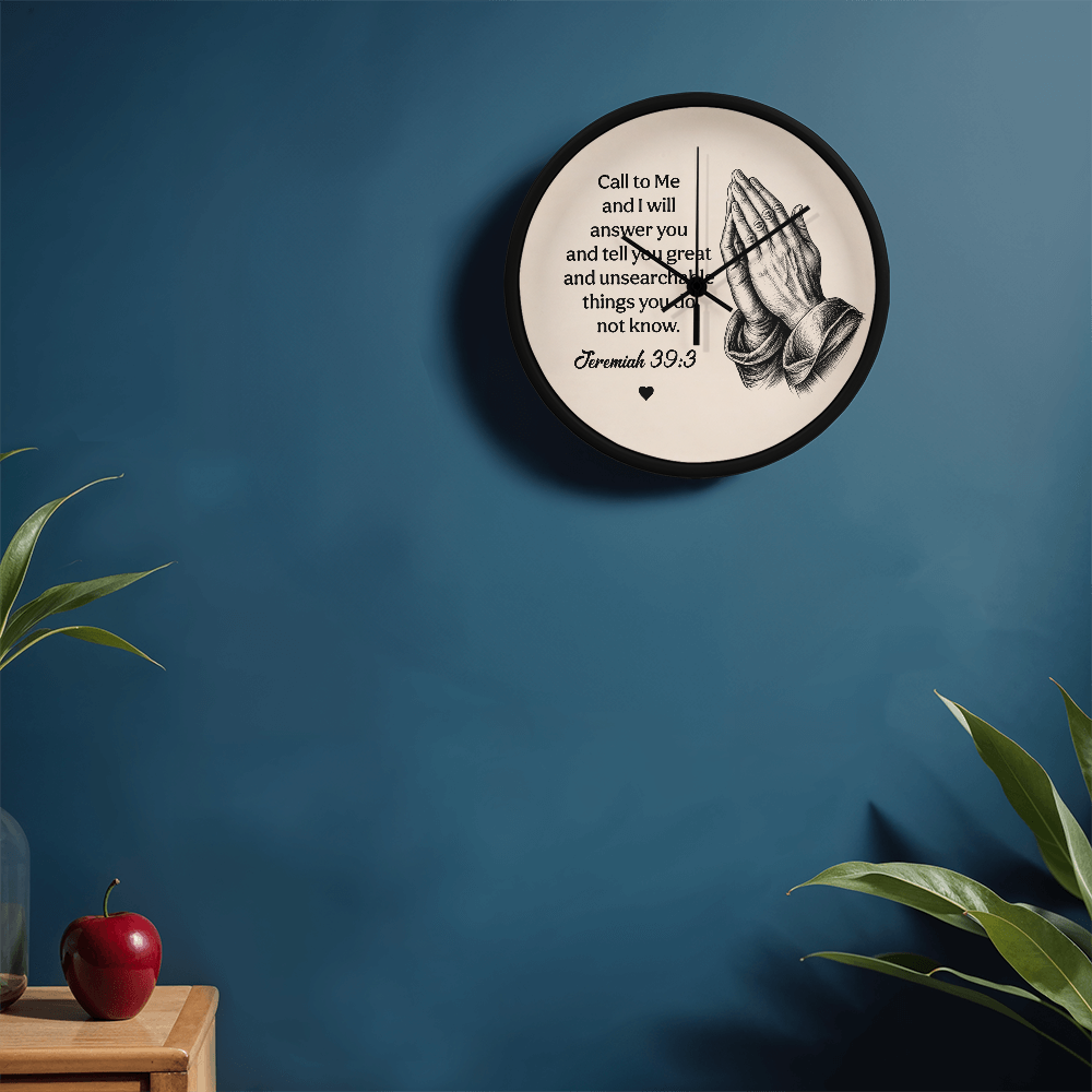 Jeremiah 33:3 Christian Wall Clock – Call to Me and I Will Answer You | Prayer Hands Bible Verse Wall Clock | Inspirational Christian Home Decor